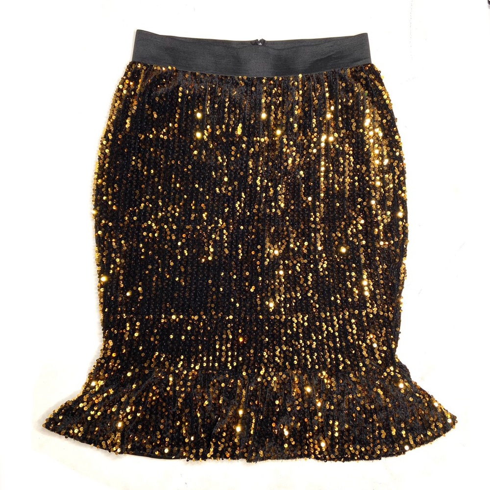 Sequined Velvet Mermaid Flare Hem Skirt In Black and Gold Size XL